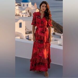 Farm Rio x Anthropologie Red Floral Ruffle Maxi Dress